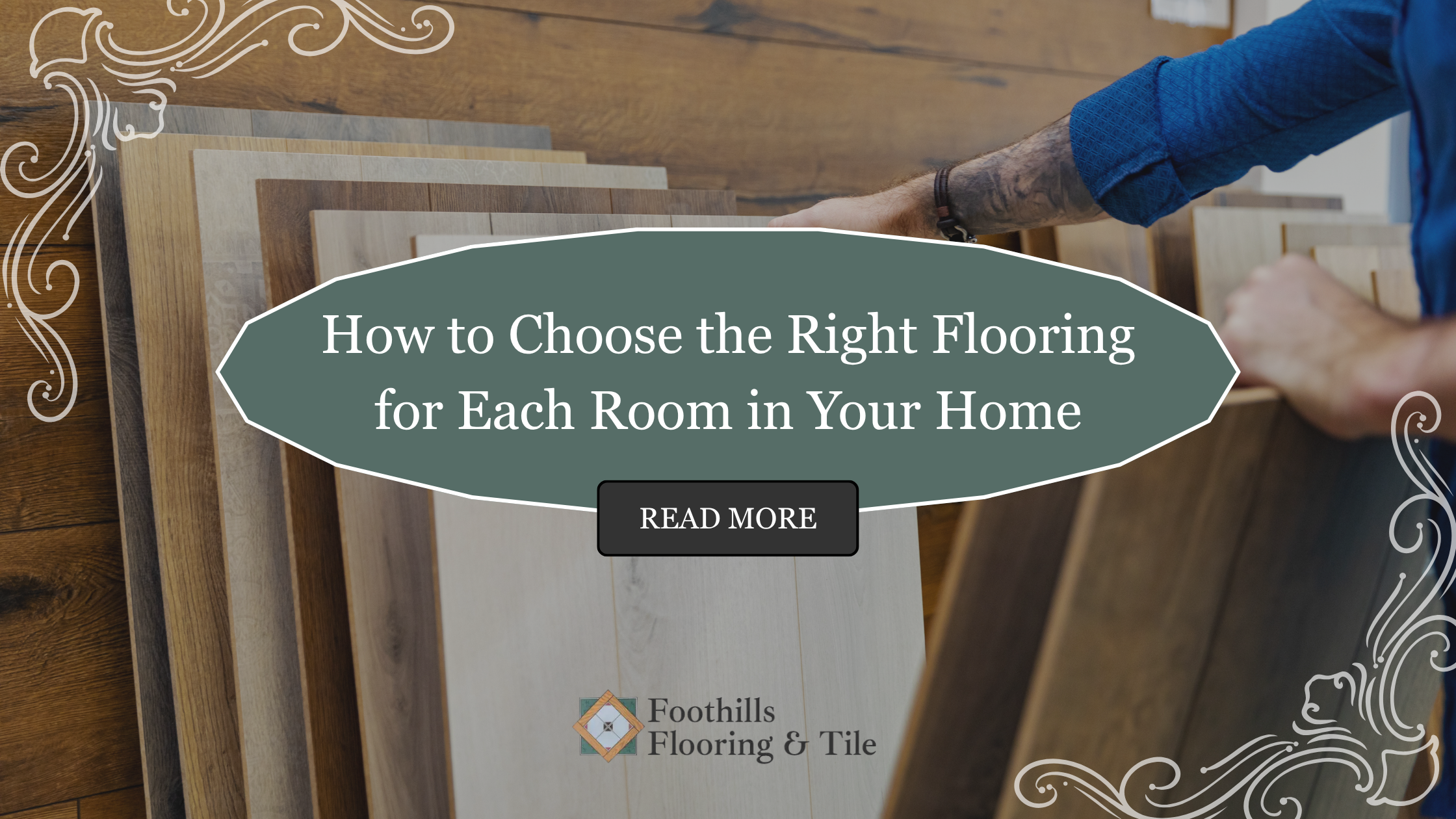 A person looks at different flooring samples in a showroom, along with the blog title and a ‘Read More’ button.